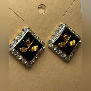 Vtg Golf Clubs Black Resin Crystal Rhinestone Square Earrings